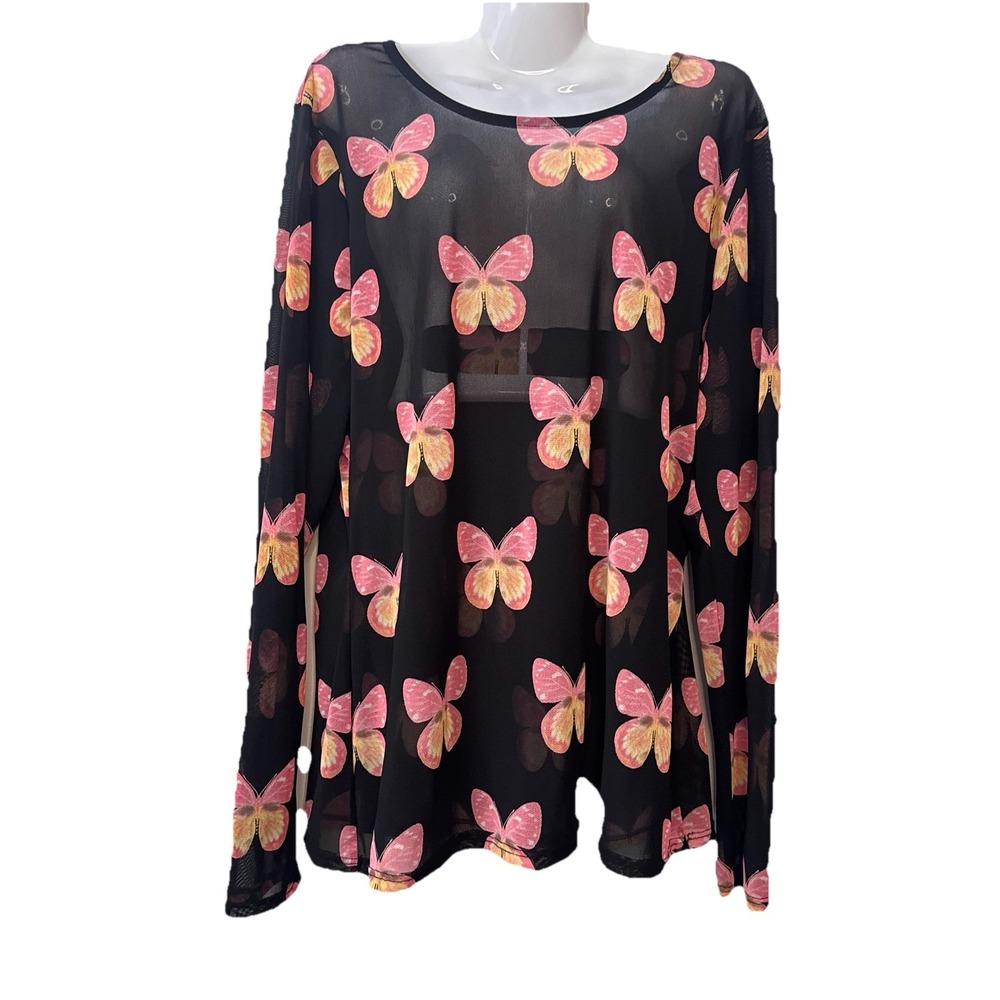 Fashion To Figure Blouse Womens Size 2 White Sheer Pink butterfly Print LS‎